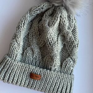 Barbour Women's Pom Pom Beanie Hat Cable Knit One Size Gray